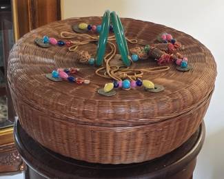 Vintage Chinese Sewing Basket with Peking Glass Beads and Bangles
