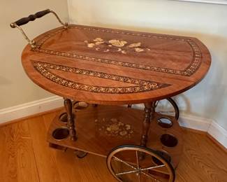 Vintage Italian Sorrento Marquetry Bar Cart with Drop Leaf 