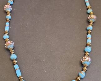 Vintage Venetian Wedding Cake Glass Bead Necklace with Floral Motifs