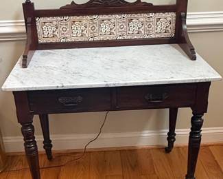 Victorian Eastlake Marble Top Washstand with Tiled Backsplash