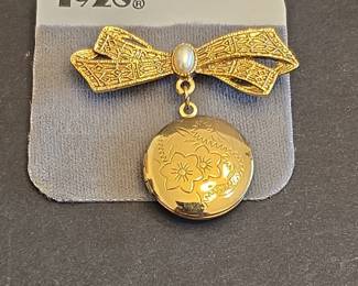 Vintage Gold Tone Bow and Locket Brooch with Faux Pearl