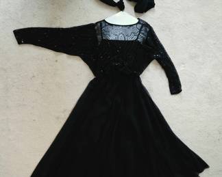 Jack Bryan Black Sequin and Chiffon Evening Dress with belt