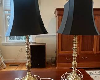 Pair of Brass Candlestick Table Lamps with Black Empire Shades