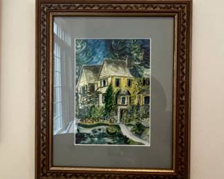 Matched Pair of Framed House Watercolor Paintings