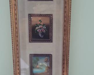 Triptych Landscape and Floral Still Life Painting Set in Ornate Frame