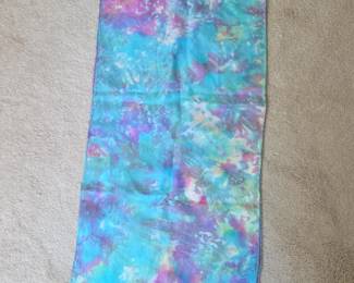 HandDyed Silk Scarf with Abstract Turquoise, Purple, and Yellow Pattern