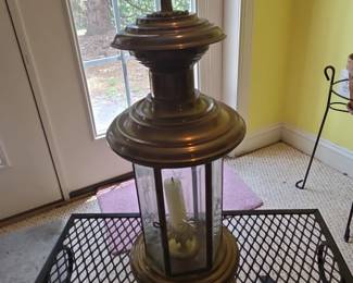 Vintage Brass Lantern with Etched Star and Floral Glass