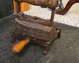 Antique Cast Iron Coal Iron with Wooden Handle and Stand