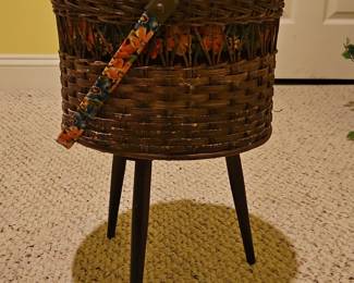 Vintage Wicker Sewing Basket with Stand