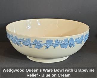 Wedgwood Queens Ware Bowl with Grapevine Relief  Blue on Cream