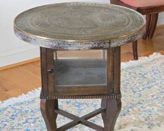 Victorian Brass and Wood Side Table with Engraved Oriental Top