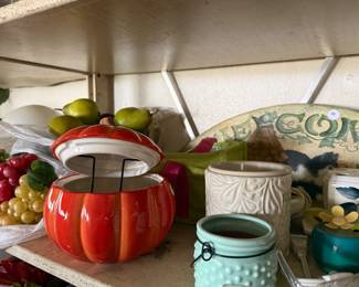 Plastic Fruit, Ceramic Pumpkin & Jars 