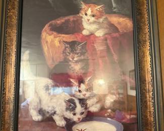 Kittens in a basket feeding time print