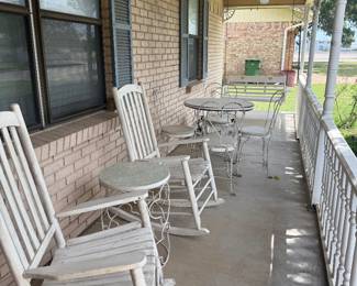 wood rocking chairs, ice cream parlor table and chairs