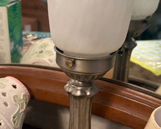This is a vintage Tiffany-style "Pond Lily" or trumpet accent lamp featuring a frosted pink tulip-shaped glass shade