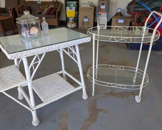 HE118Vintage White Wicker Table  Vintage Tea Cart  More