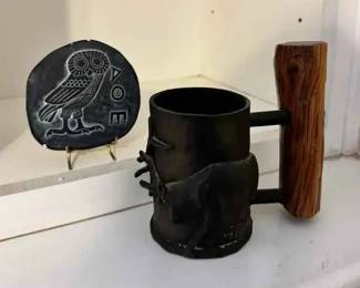 HE188VVintage Carl Wagner Bronze And Wood Mug
