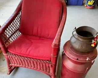 HE129Vintage Red Wicker Rocking Chair And Milk Can
