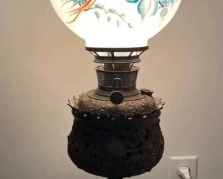 HE226VGone with the Wind style Globe on a Repurposed Bradley  Hubbard Banquet Oil Lamp. likely antique