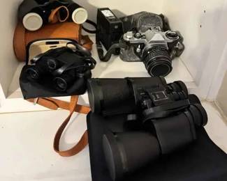 HE172Vintage Binoculars And Pentax Camera