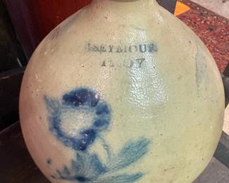 I. Seymour - Troy, NY. Painted Ovoid Flower Stoneware Jug