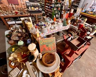 Vintage signs, lathe, candlesticks