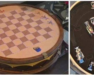 Franklin Mint American Indian Chess Set. Unique circular board resembles a ceremonial drum and playing pieces are hand-painted pewter. Incomplete - sold for parts.