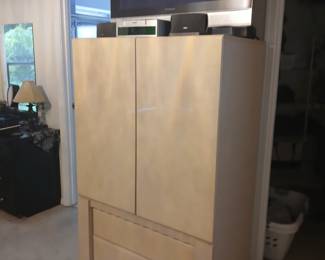 CREAM LACQUER ARMOIRE, CHEST OF DRAWERS