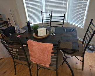 BLACK METAL TILE TOP KITCHEN TABLE, CHAIRS