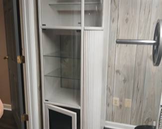 WHITE LACQUER CABINET, GLASS SHELVES