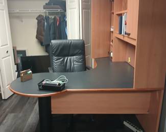 CHERRY LAMINATE BLACK TOP DESK, STORAGE HUTCH, YOU REMOVE, BLACK EXECUTIVE LEATHER CHAIR