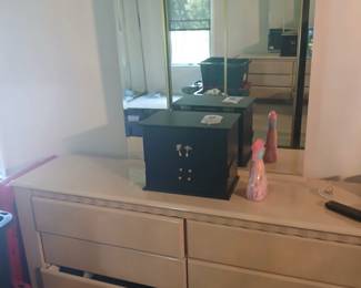 CREAM COLORED DRESSER, JEWELRY BOX NOT INCLUDED
