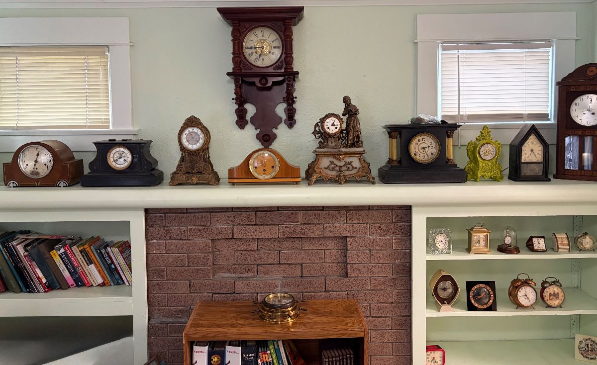 An exceptional collection of antique and vintage clocks including wall clocks, mantel clocks, figural clocks, carriage clocks, alarm clocks, and desk clocks in a variety of styles and eras. Features mechanical and decorative timepieces