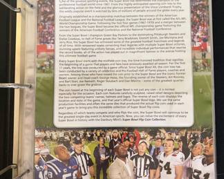 Officially licensed NFL Super Bowl Flip Coin Collection produced by The Franklin Mint. Includes commemorative Super Bowl flip coins housed in a deluxe presentation album