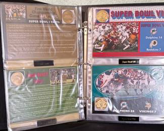 Officially licensed NFL Super Bowl Flip Coin Collection produced by The Franklin Mint. Includes commemorative Super Bowl flip coins housed in a deluxe presentation album