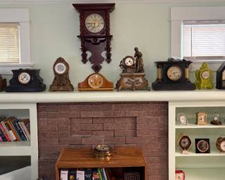 An exceptional collection of antique and vintage clocks including wall clocks, mantel clocks, figural clocks, carriage clocks, alarm clocks, and desk clocks in a variety of styles and eras. Features mechanical and decorative timepieces