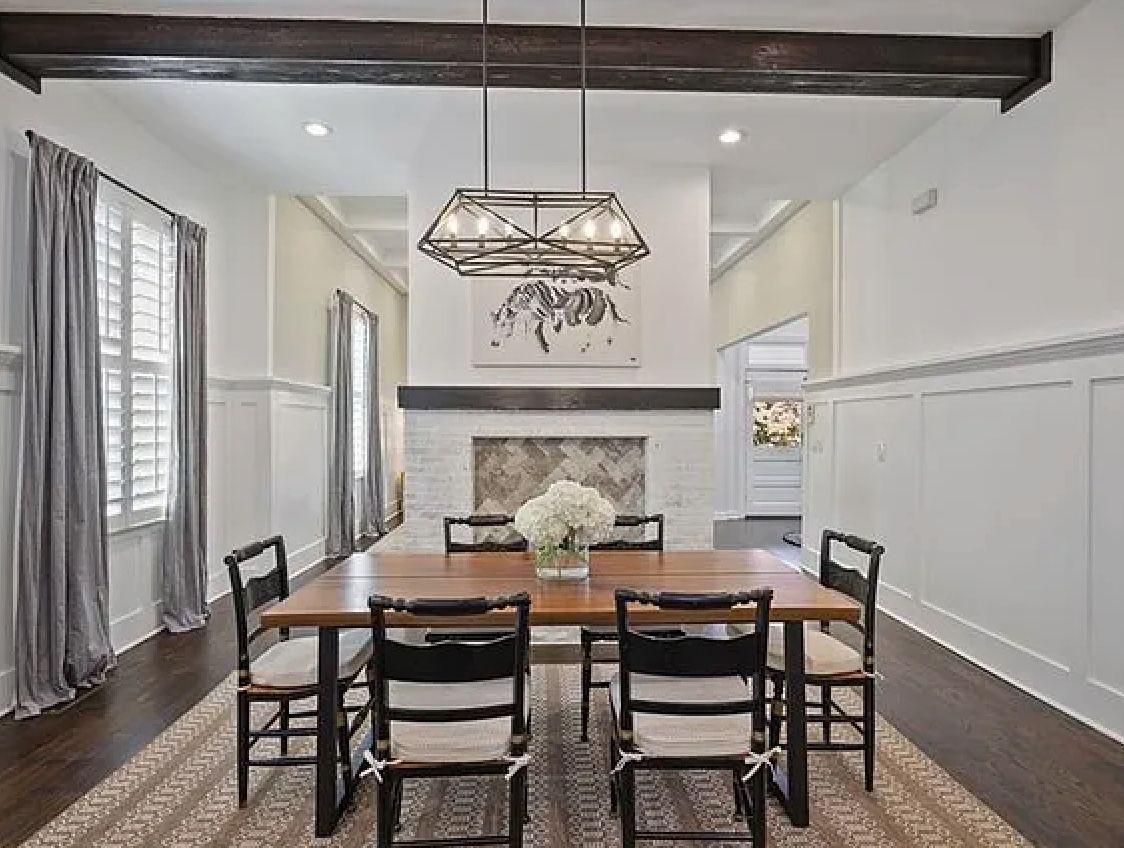 Dining Table, Rug, Pottery Barn Curtains