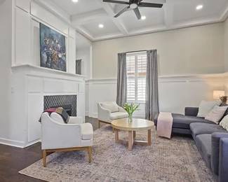 Accent Chairs, Sectional, Coffee Table, Rug, Curtains