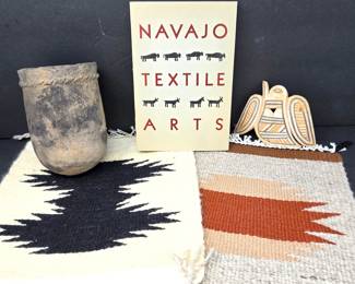 Navajo Pottery Vessel, Textile Book & Two Handwoven Textile Squares