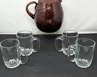 Hand Blown Amethyst Glass Pitcher with 4 Clear Glass Handled Mugs