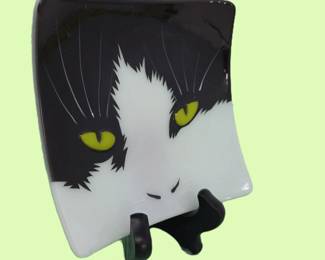 Gallery Pismo Fused Art Glass Black & White Cat Face Plate w/ Easel 5" - Home Decor