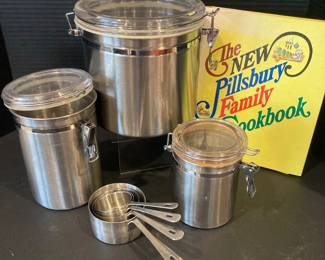Vintage Oggi Stainless Steel Canister Set Measuring Cups Pillsbury Cookbook 1970s