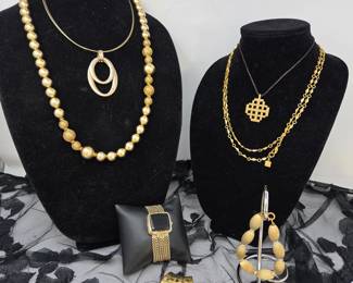 Gold Tone Fashion Jewelry Collection with Hinged Watch & Necklaces