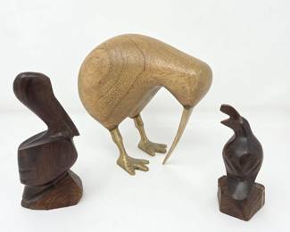 Carved Wood Kiwi Bird w/ Brass Beak & Feet + 2 Ironwood Birds