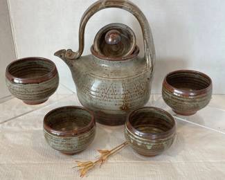  Vintage Handmade Pottery Teapot Set Ceramic Stoneware Mid Century Modern 4 Cups Tribal Design