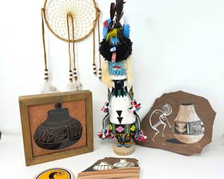 Southwest Native American Decor: Zuni Kachina, Signed Sandstone Art, Dreamcatcher & Tile