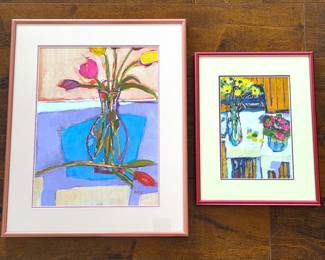 Pair of Ann Sank White Framed Original Floral Still Life Mixed Media Paintings - Wall Art