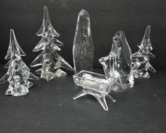 Dansk Crystal Nativity Set in Original Box with 3 Crystal Christmas Trees