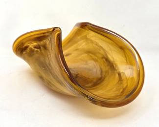  Murano Style Hand Blown Amber Art Glass Freeform Bowl – White Cristal Italy Label