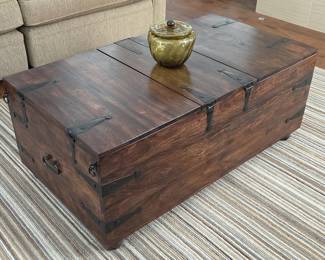 Crate & Barrel Taka Storage Trunk Coffee Table with Hidden Compartments & Wine Storage - Solid Wood!